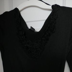 Black Knit Body Suit with Lace Neckline